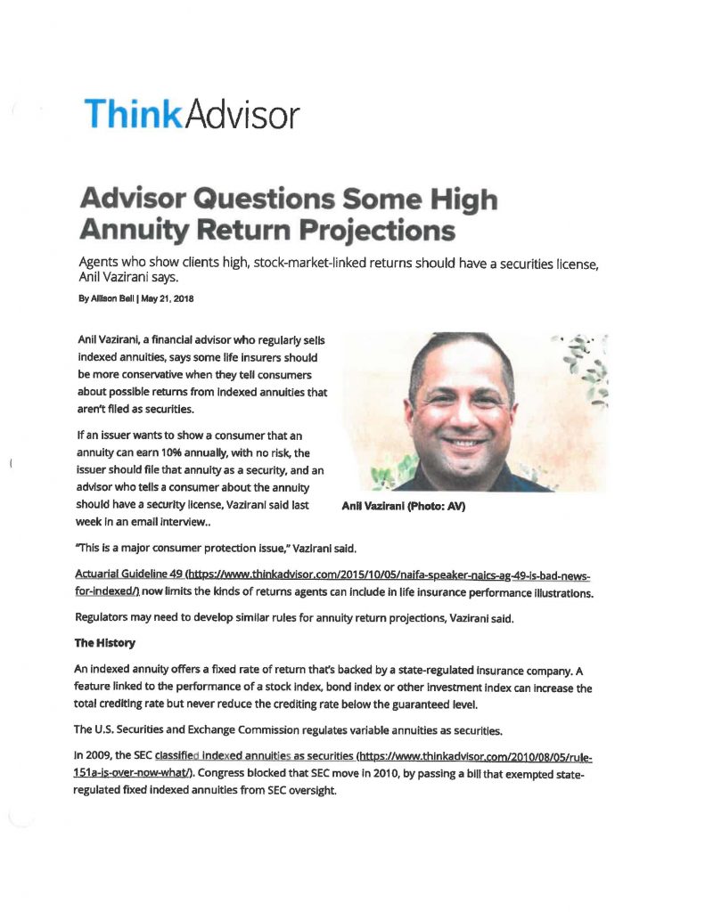 Anil Vazirani, Indexed Annuity Return Projections